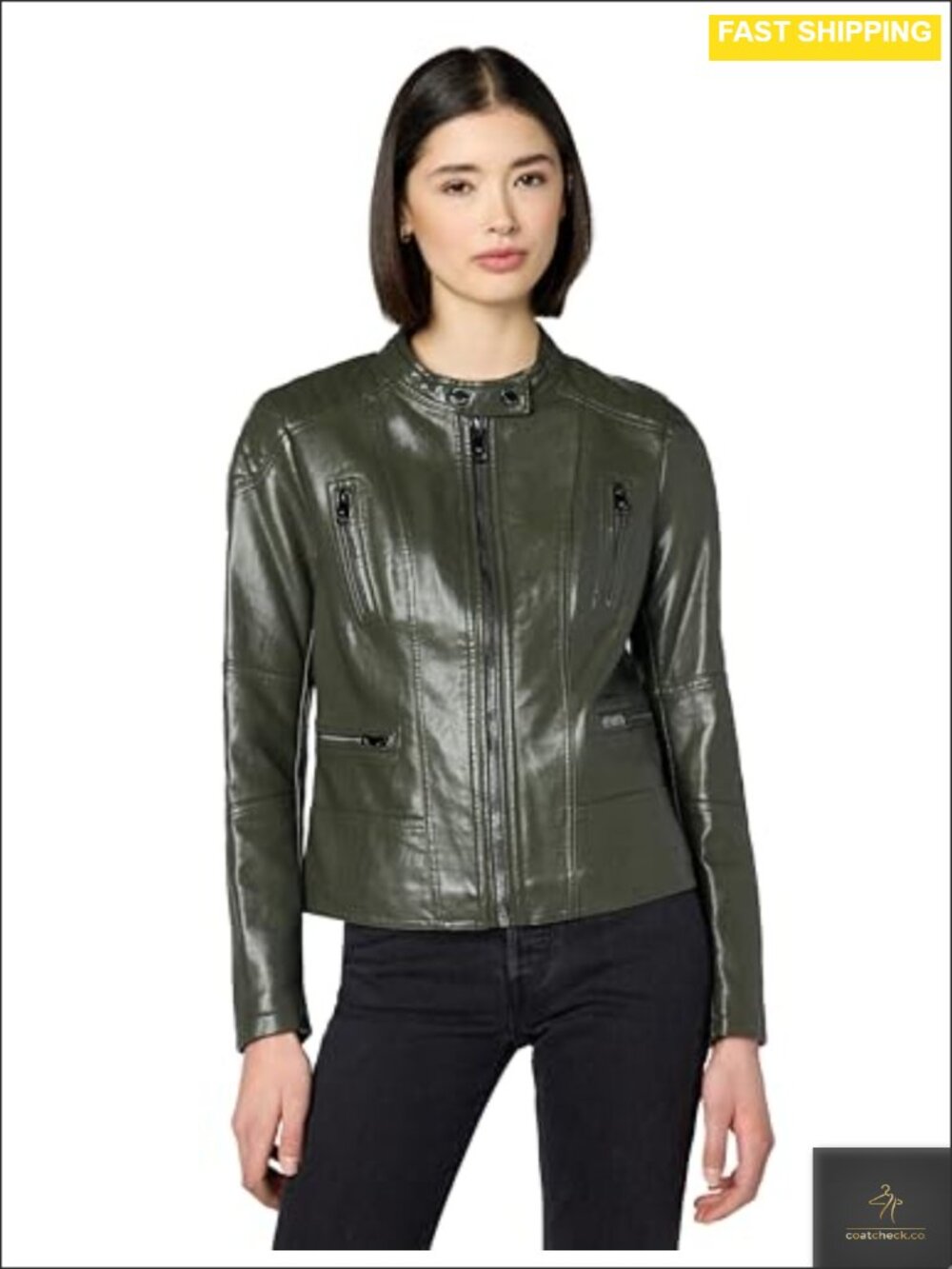 Classic Short Moto Faux Leather Jacket Zip Closure Long Sleeve